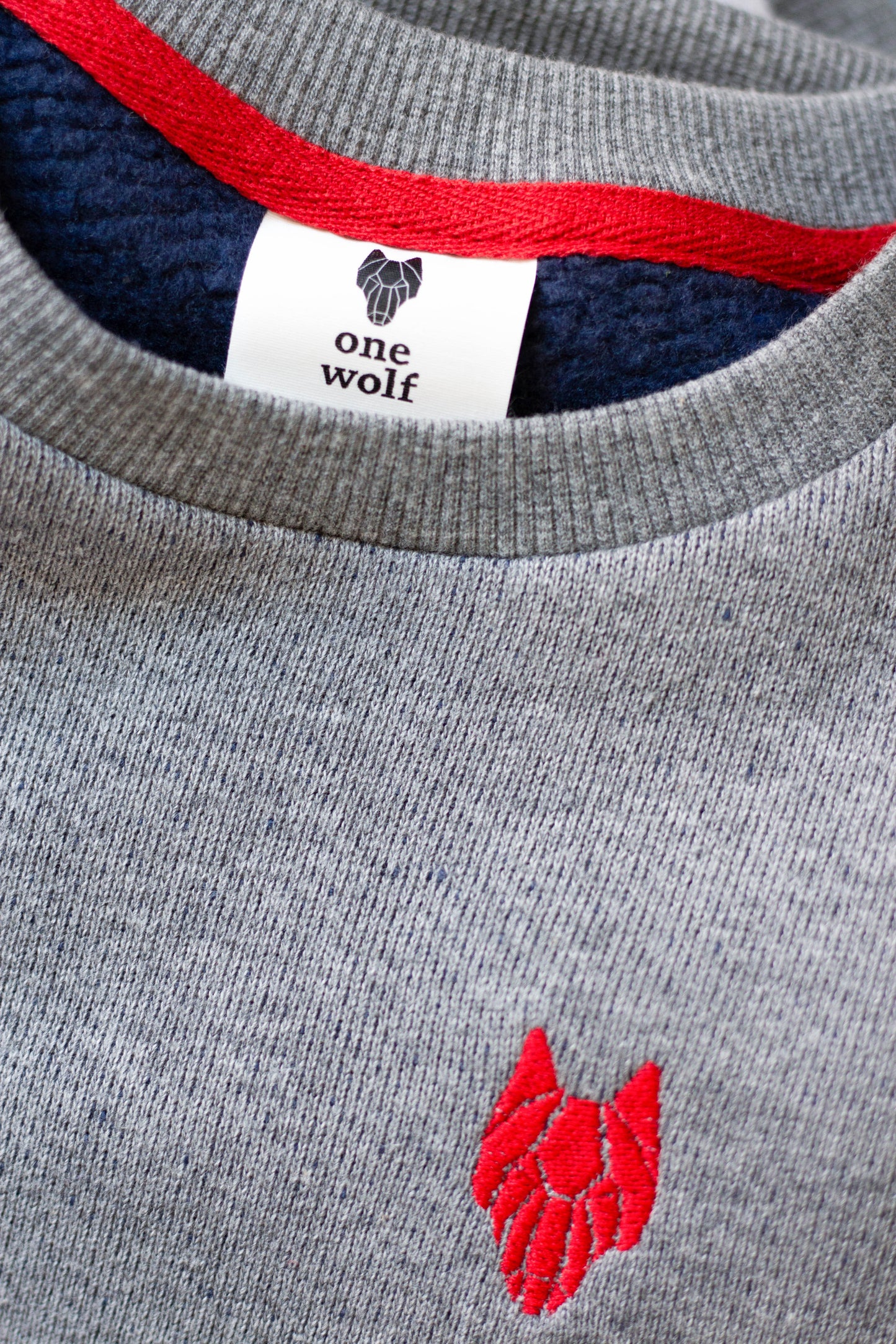 Bērnu One Wolf džemperis, pelēks/zila iekšpuse ar sarkanu logo