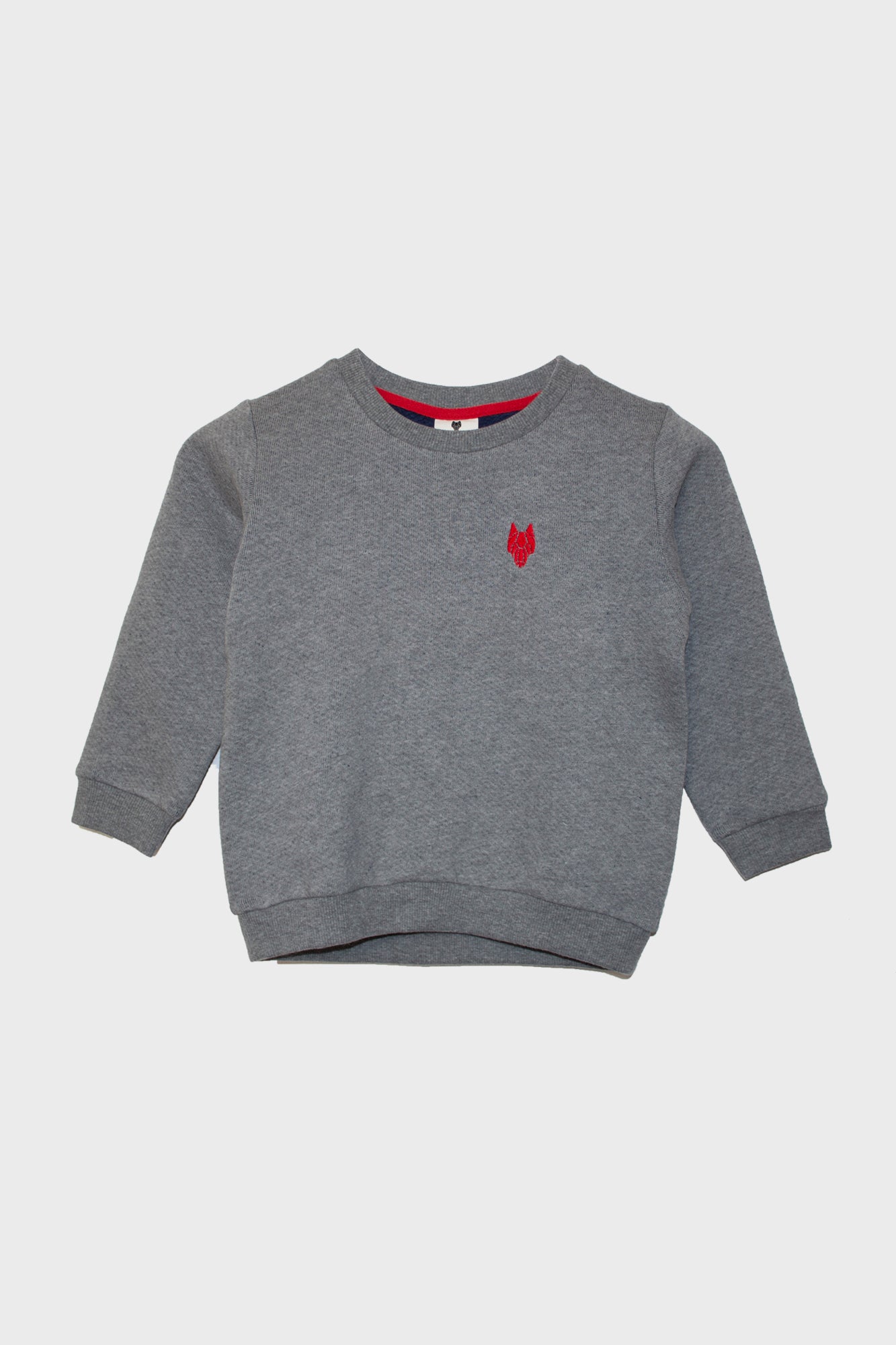Kid’s One Wolf sweater, grey/blue inside with red logo