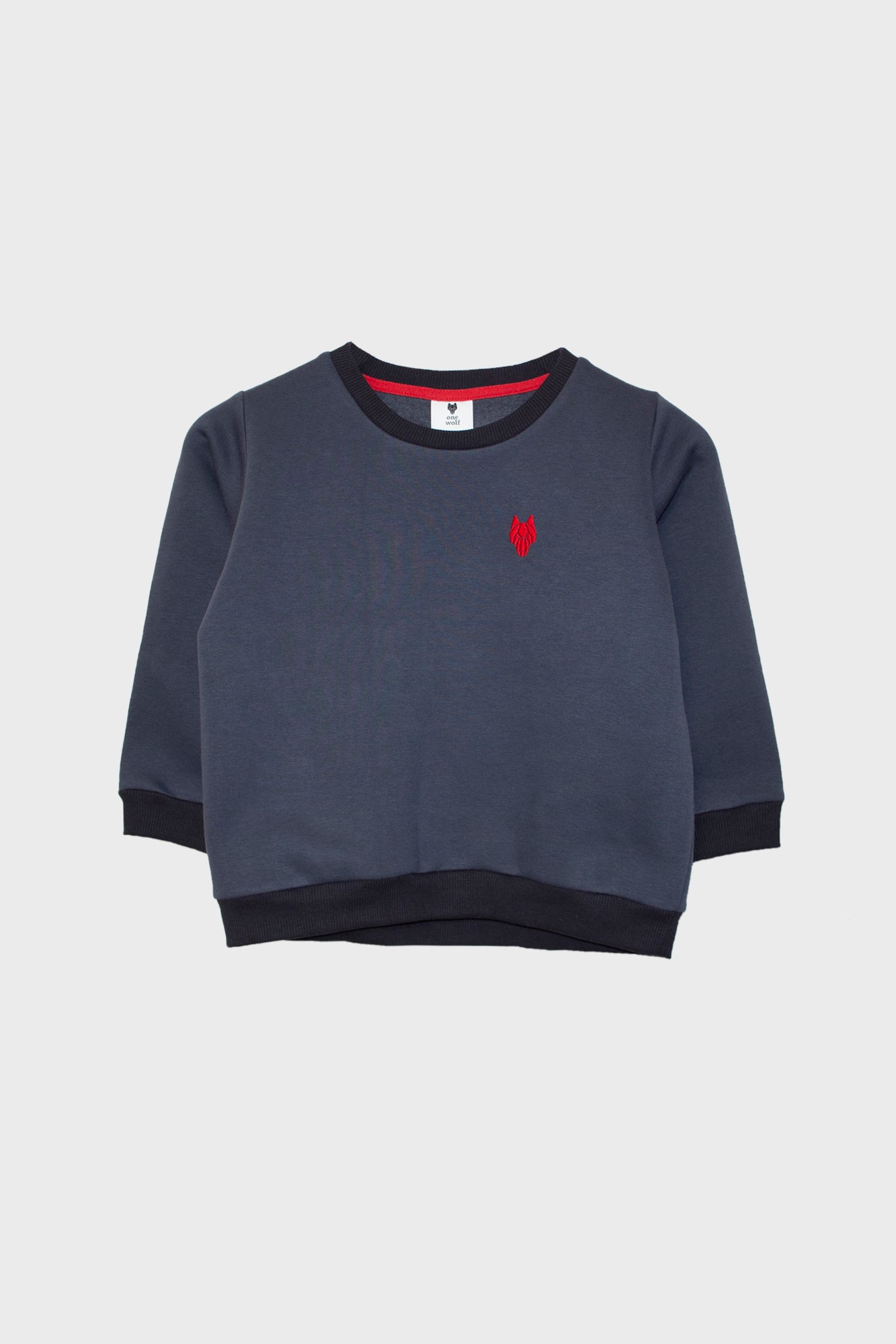 Kid’s One Wolf sweater, dark grey with red logo
