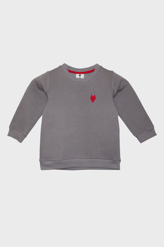 Kid’s One Wolf sweater, grey with red logo