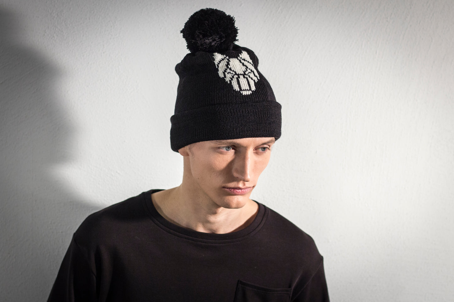 ONE WOLF hat with pom pom black/white logo - One Wolf