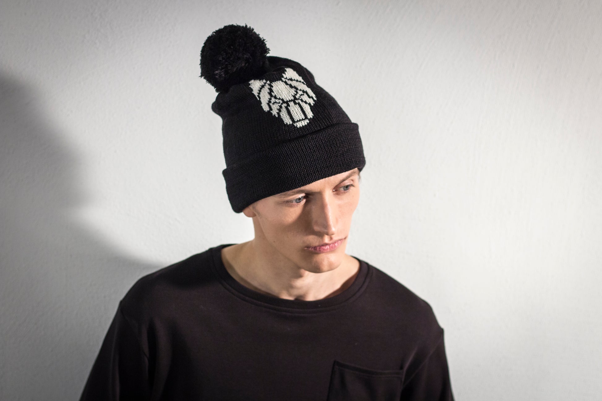 ONE WOLF hat with pom pom black/white logo - One Wolf